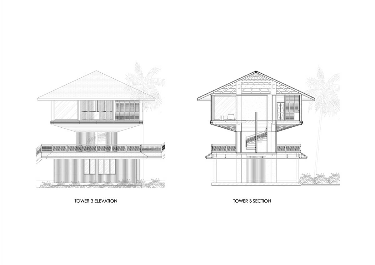 Alexis Dornier and Studio Jencquel built guest houses with staggered wooden towers in a jungle