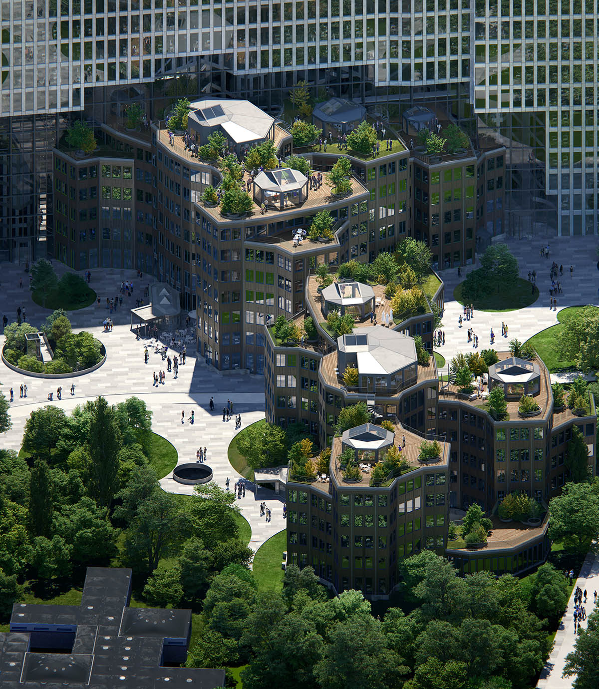 renovates Aldo van Eyck's office complex with sound-walled "groundscraper" in Amsterdam