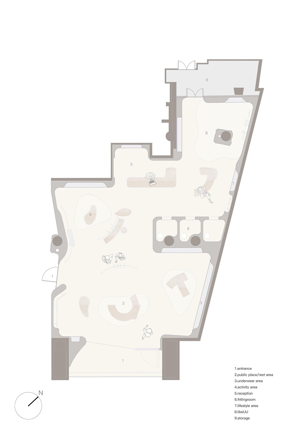 Store interiors by Sò Studio feature soft beige tones to give the feeling of