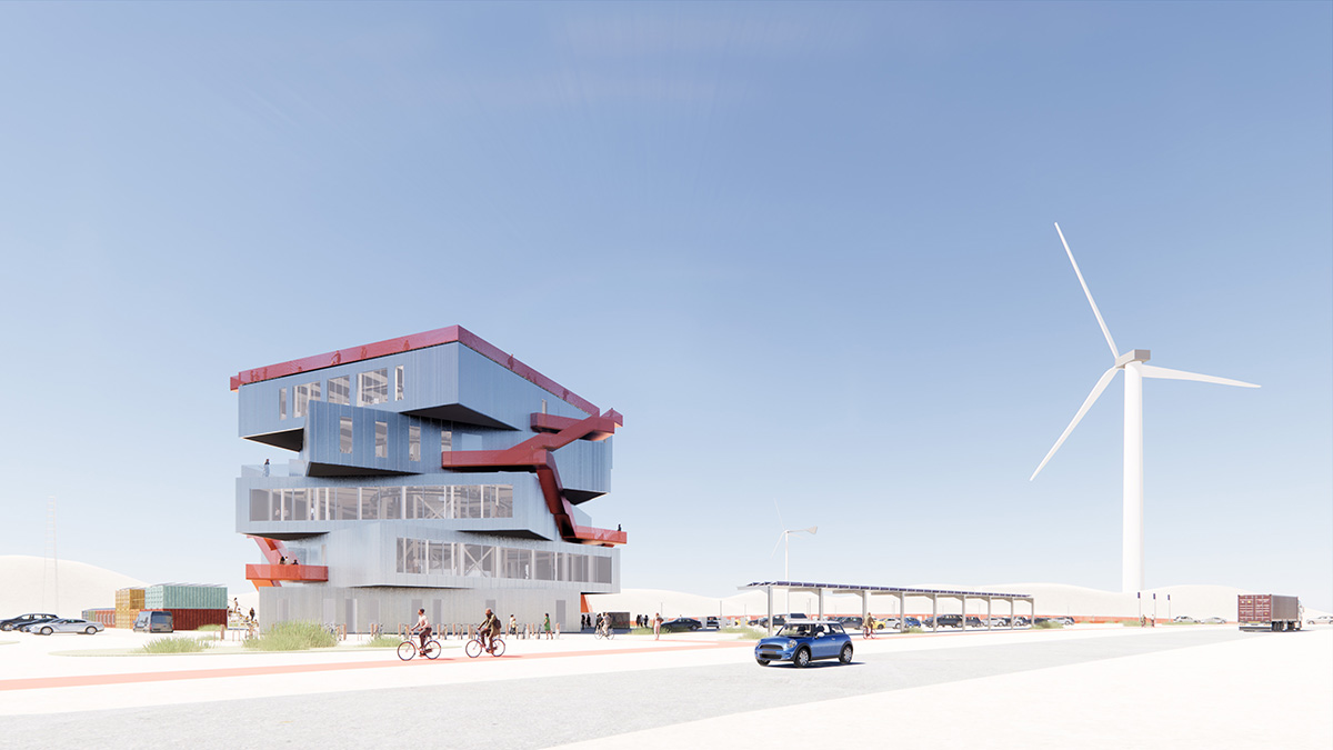 MVRDV's experience center features stack of five rotated exhibition spaces on the Port of Rotterdam