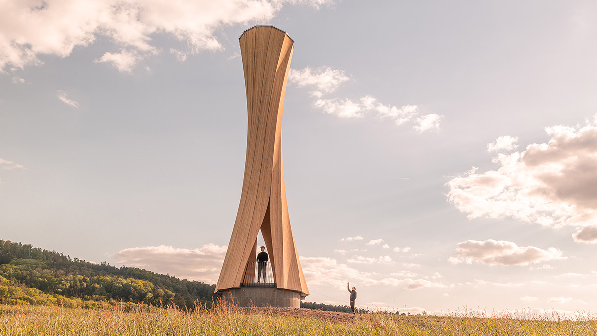 The curved Urbach Tower was built from self-shaping wood on the Rems Valley