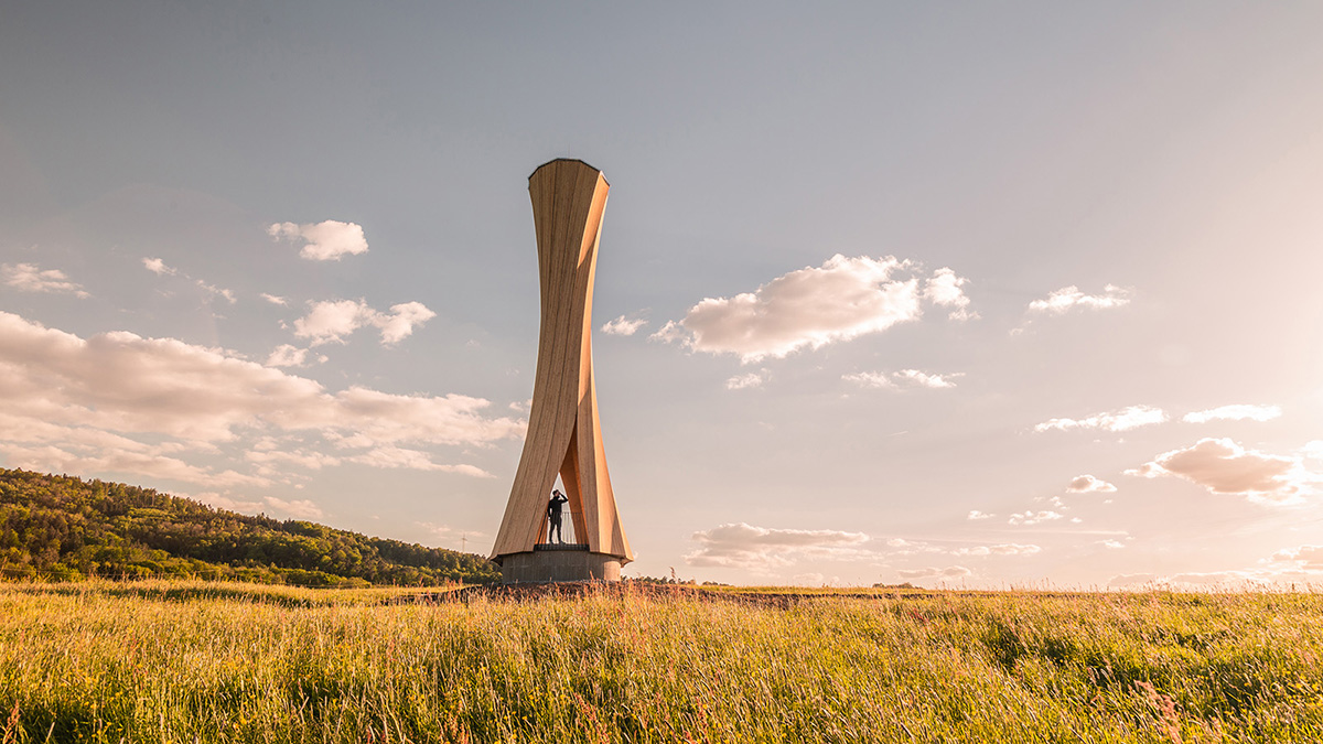 The curved Urbach Tower was built from self-shaping wood on the Rems Valley