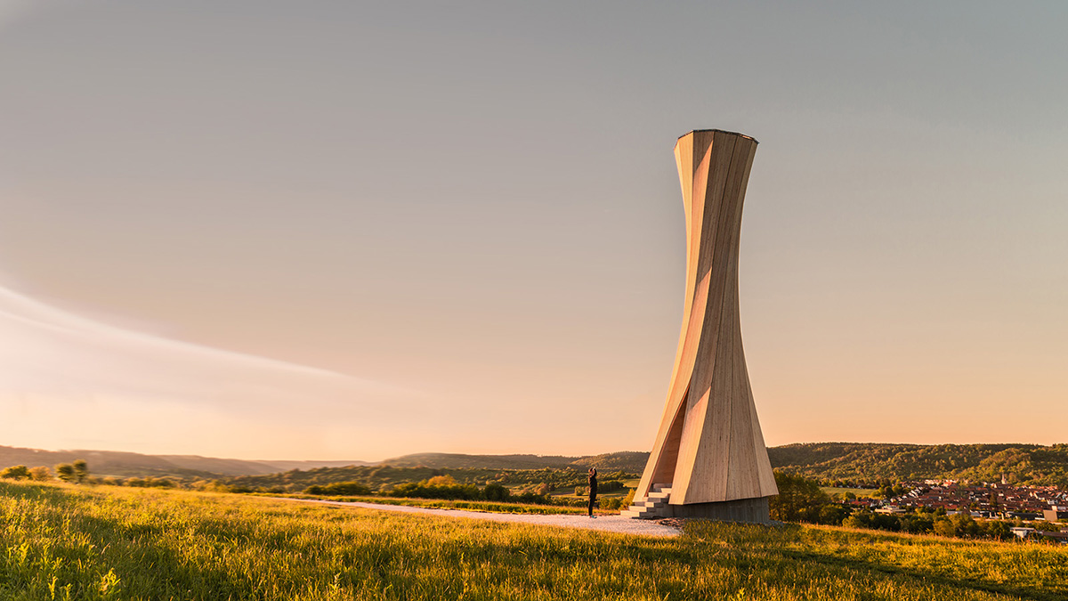The curved Urbach Tower was built from self-shaping wood on the Rems Valley