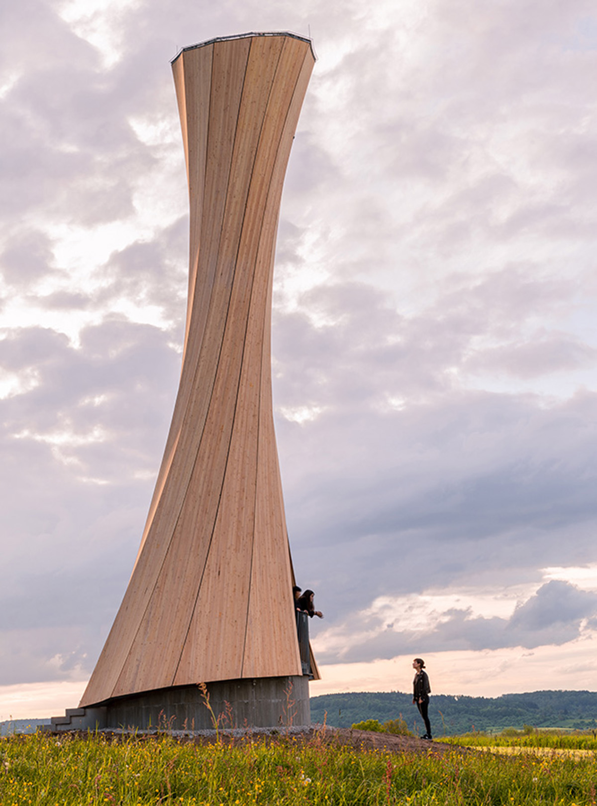 The curved Urbach Tower was built from self-shaping wood on the Rems Valley