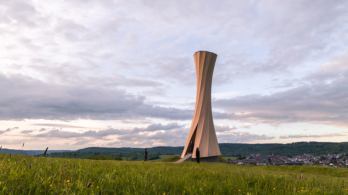 The curved Urbach Tower was built from self-shaping wood on the Rems Valley