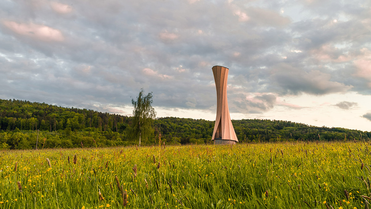 The curved Urbach Tower was built from self-shaping wood on the Rems Valley