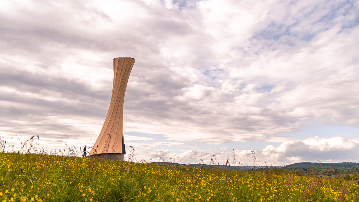 The curved Urbach Tower was built from self-shaping wood on the Rems Valley