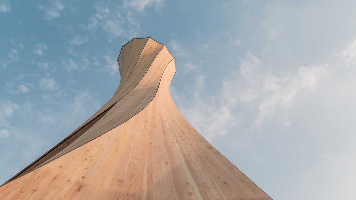 The curved Urbach Tower was built from self-shaping wood on the Rems Valley