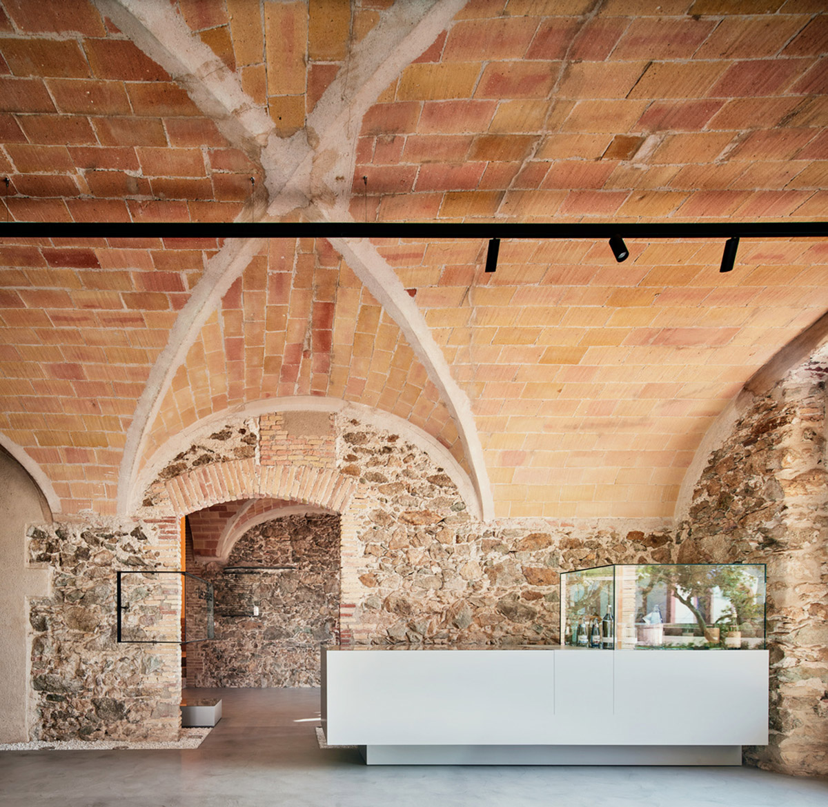 Aigua de Vilajuïga restored with vaulted bricks and exposed concrete bringing light into the space