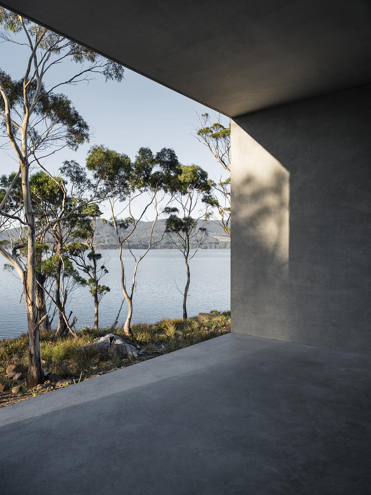 A linear, concrete tunnelled guest house by Room11 architects extends to Tasmania’s bushlands