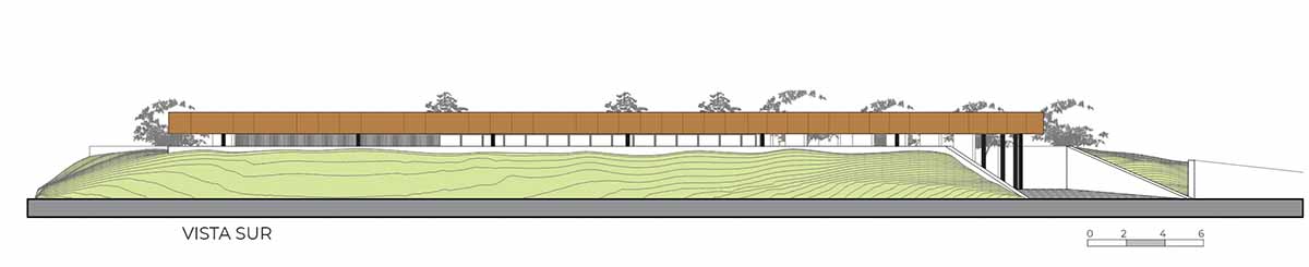 The morgue is designed with a horizontal line that aligns with the large flat roof in Argentina