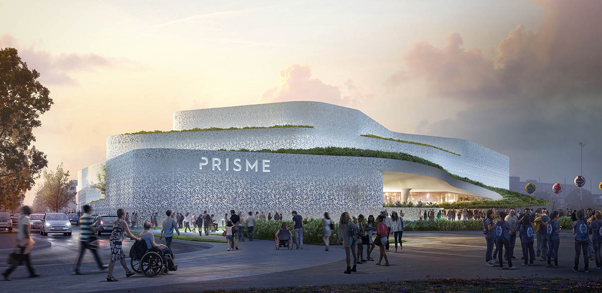 Shimmering concrete lacework will crown the PRISME sports facility in Bobigny, France