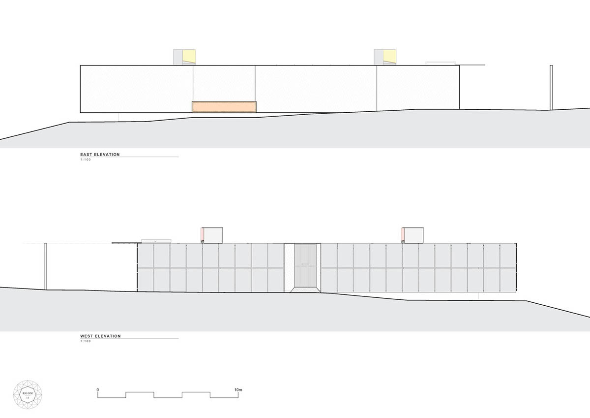 A linear, concrete tunnelled guest house by Room11 architects extends to Tasmania’s bushlands