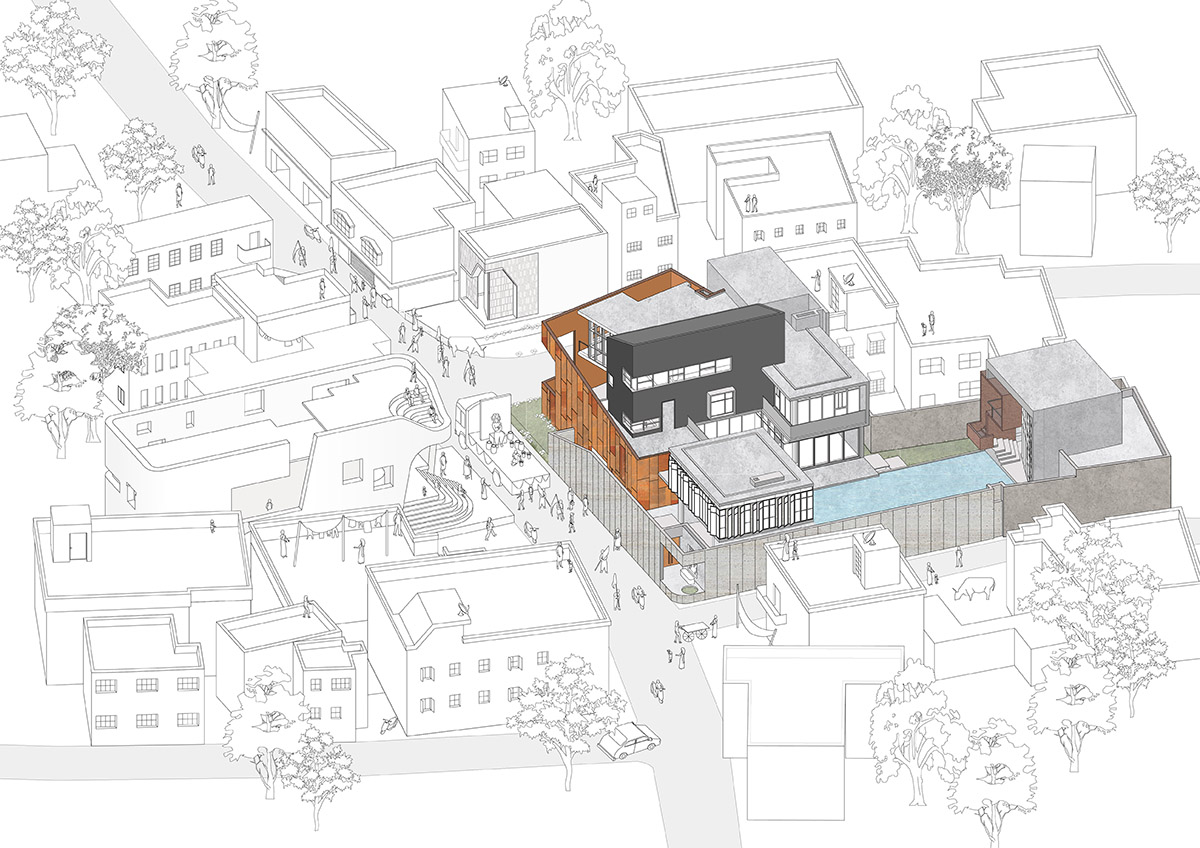 12-foot-tall weathered steel wall ensures privacy and noise-free house in India by Abin Design Studio