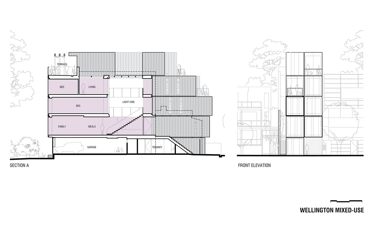 Protruding glass boxes form mixed-use housing in a narrow plot in Melbourne