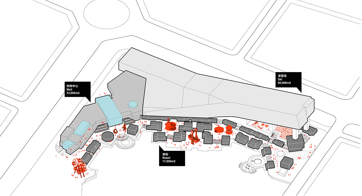 Giant ski resort features a 500-meter downhill slope with a pixelated multi-media façade in China