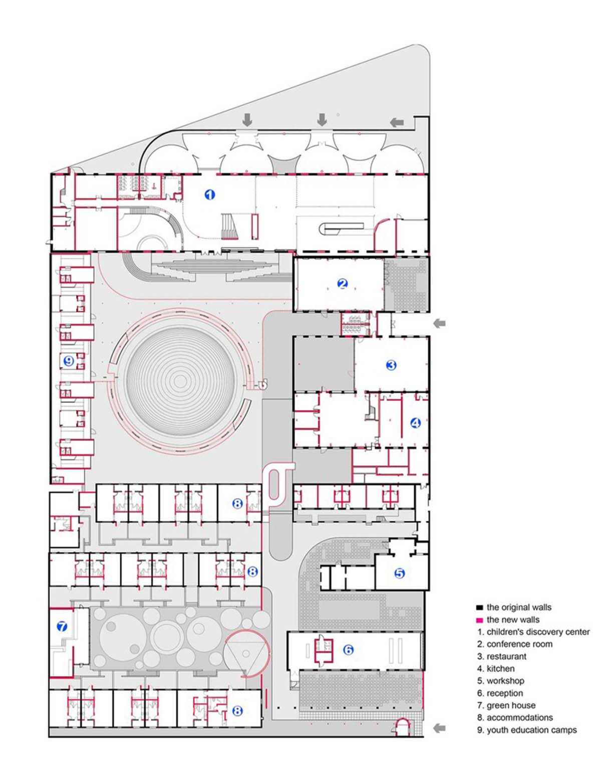 REDe Architects and Moguang Studio add red circular platform to renovated youth activity center