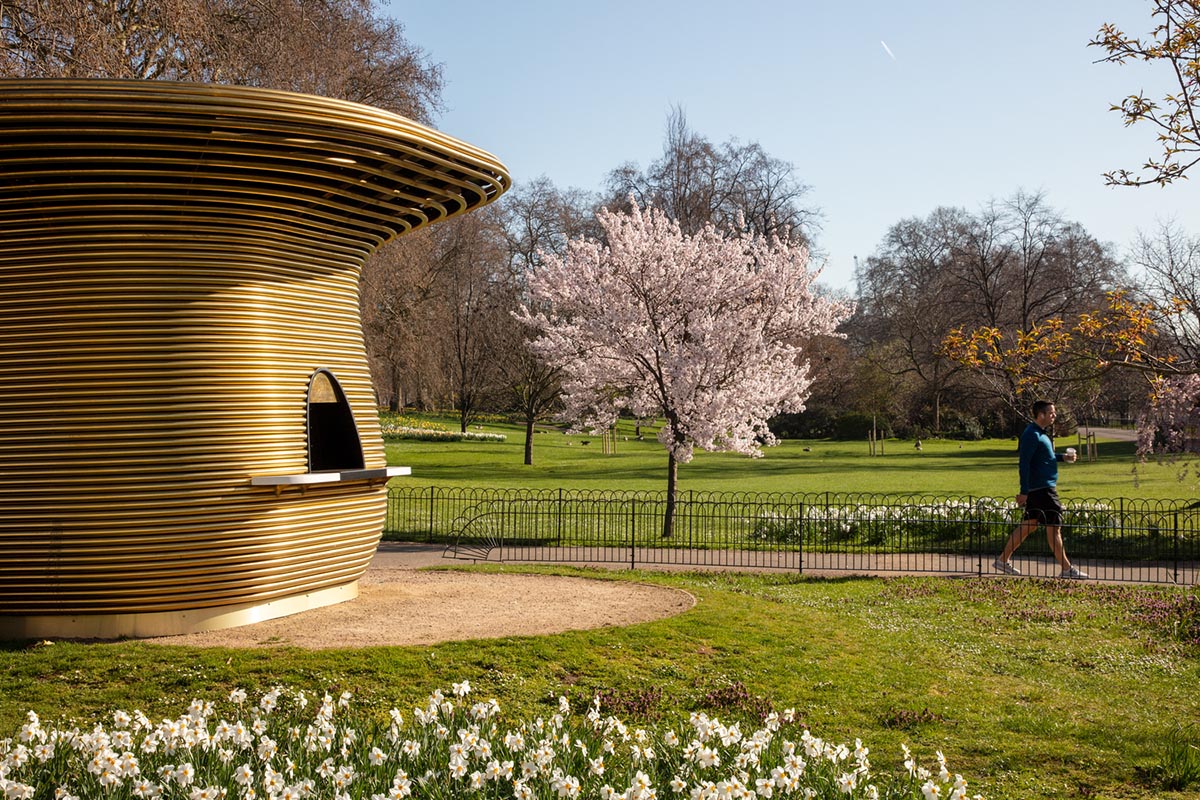 Coffee house by Mizzi Studio is made of sculptural brass skin with handcrafted details in London