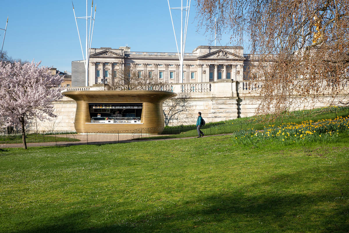 Coffee house by Mizzi Studio is made of sculptural brass skin with handcrafted details in London