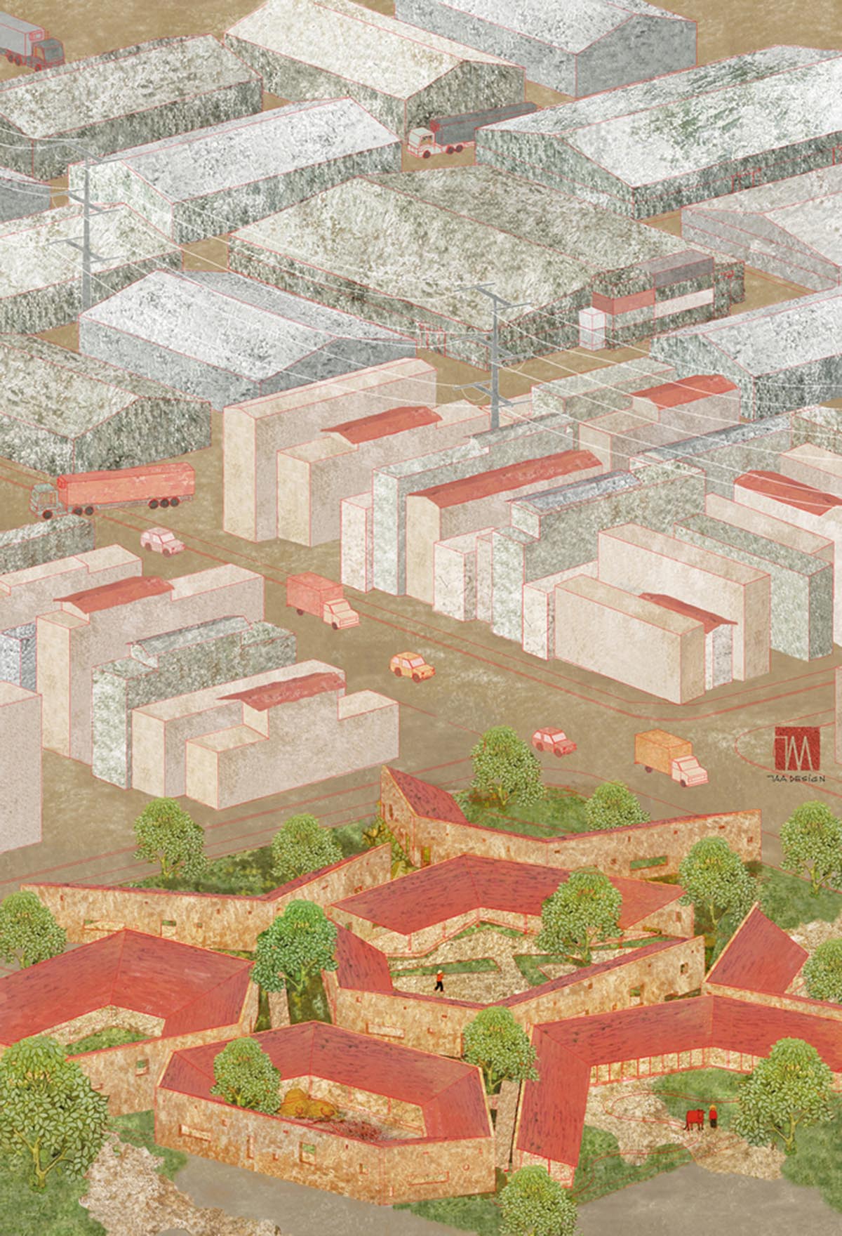 TAA DESIGN built public space with pitched roofs and rough concrete walls painted with pink tones