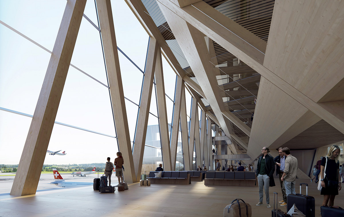 BIG и HOK представили деревянную конструкцию дока A аэропорта Цюриха, крупнейшего дока аэропорта Цюриха.