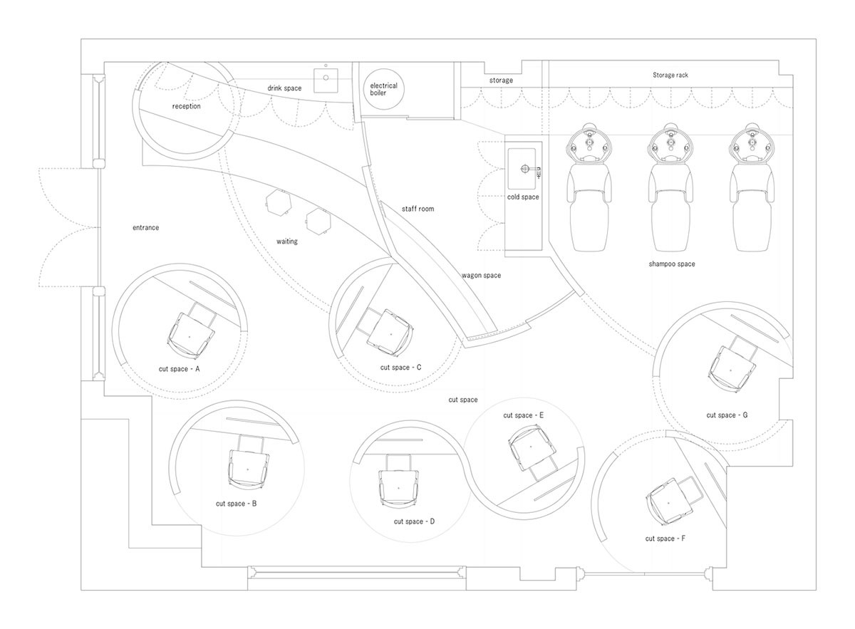 kfuna designed semi-open circular private concrete rooms for beauty salon in Singapore