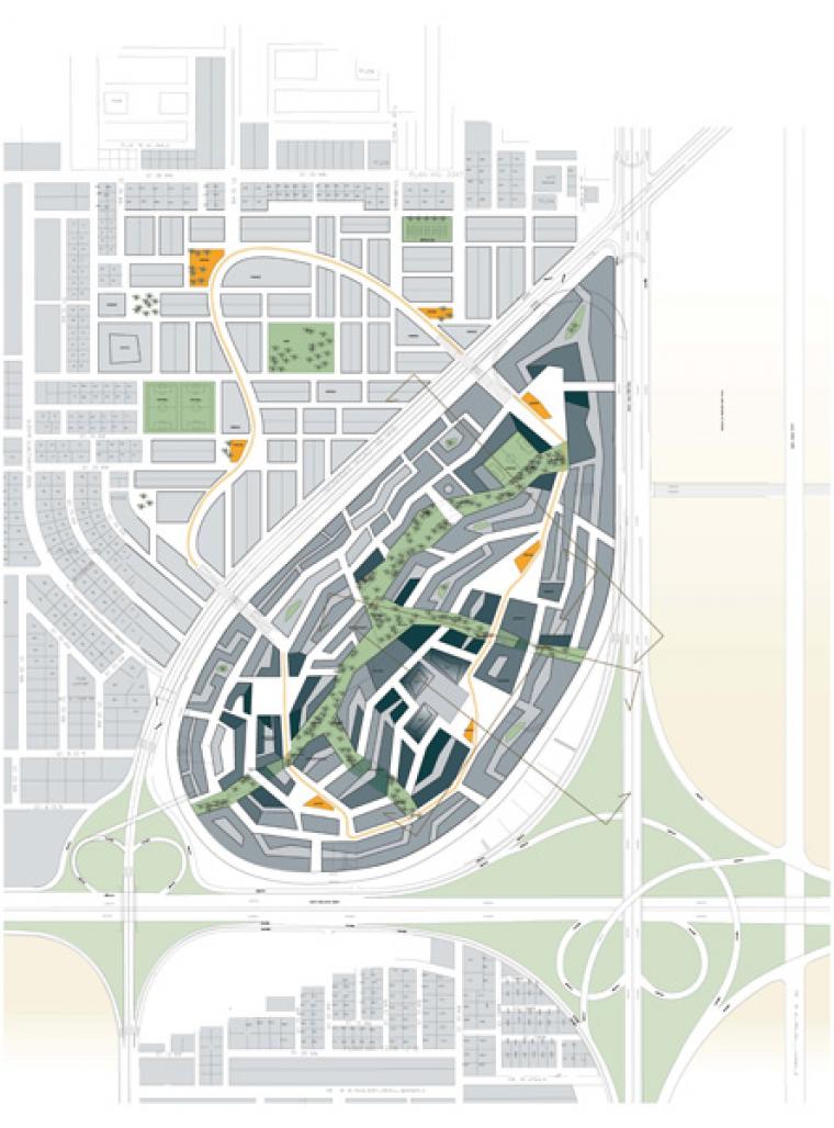 Masterplan site plan of the King Abdullah Financial District, Riyadh: the teardrop district inside the ring roads, with its wadi green spine and pedestrian network.