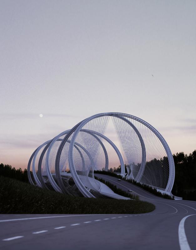 Penda designs mountainous bridge made up of double-helix rings for ...